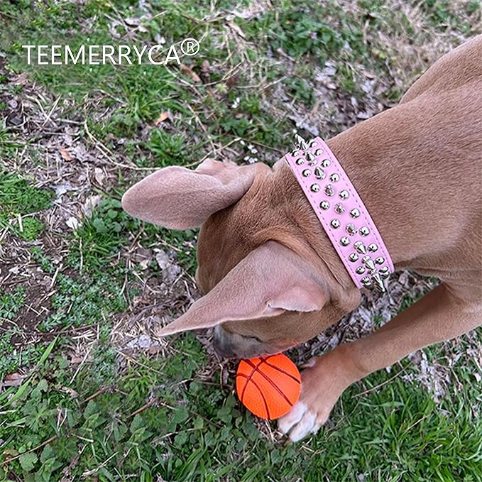 TEEMERRYCA Adjustable Leather Spiked Studded Dog Collars with a Squeak Ball Gift for Small Medium Large Pets Like Cats/Pit Bull/Bulldog/Pugs/Husky, Pink, M(12"-15")