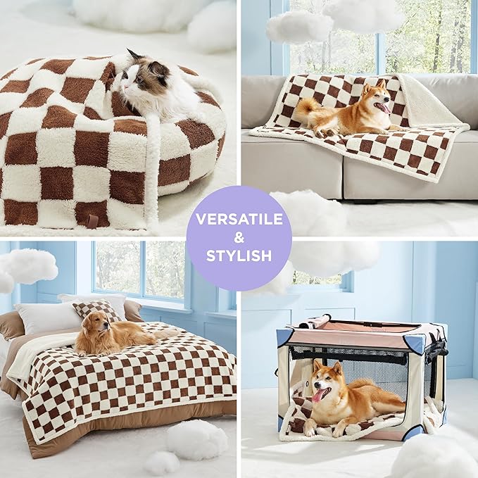 LE SURE Waterproof Dog Blanket for Medium Dogs - Washable Double Sided Dog Blankets with Warm Jacquard Shag and Soft Sherpa Fleece, Pet Cat Blanket for Couch Protection, 3D Textured Checks, Brown