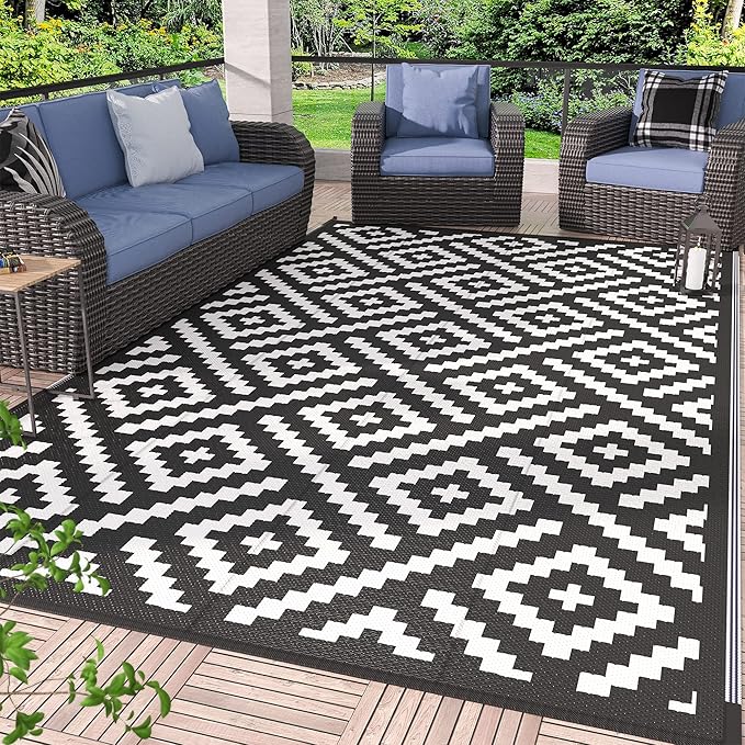 GENIMO 5x8 Outdoor Rug Waterproof, Reversible Mats, Outdoor Area Rug, Plastic Outside Carpet, Geometric Rv Mat for Patio Camping Rv Picnic Backyard Deck Balcony Porch Beach Trailer (Black & White)