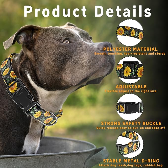 Dog Collar for Boys Girls, Sunflower Puppy Collar for Small Medium Large Dogs, Adjustable Soft Floral Pet Collar with Safety Buckle for Male Females(Black Sunflower,XS)