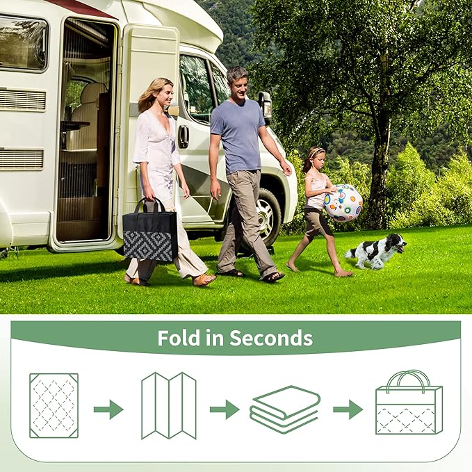 GENIMO Outdoor Rug Waterproof, 10' x 10' Reversible Plastic Straw Rug, Lightweight Large RV Camping Mat for Patio, Deck, Camper, Balcony, Backyard, Picnic, Black & Gray