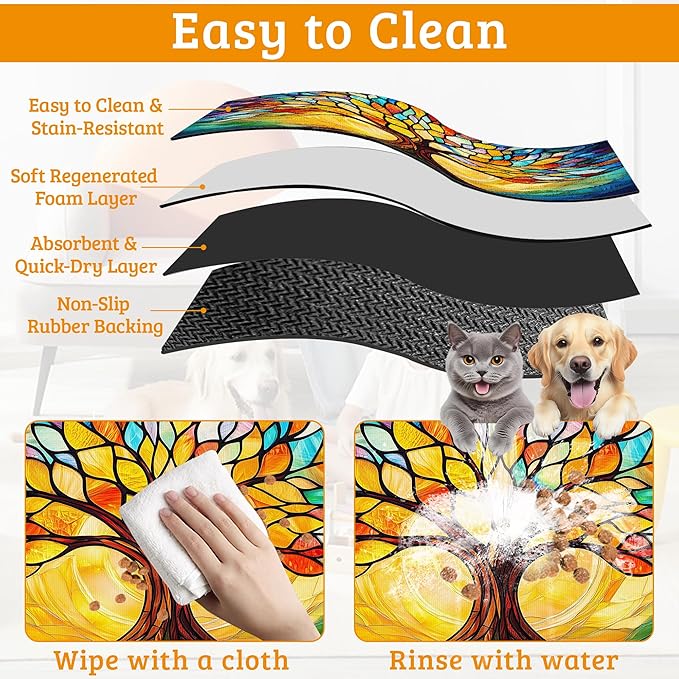 Tree of Life Feeding Mat,Colorful Tree Absorbent Quick-Dry Cat Dog Food and Water Bowl Mats,Non-Slip Rubber Backing Mat,Cat Dog Accessories Supplies 12" x 20"
