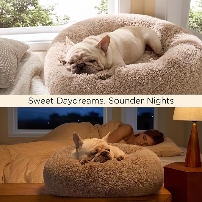 Bedsure Calming Dog Bed for Extra Large Dogs - Donut Washable Large Pet Bed, 45 inches Anti-Slip Round Fluffy Plush Faux Fur Dog Bed, Fits up to 120 lbs Pets, Camel