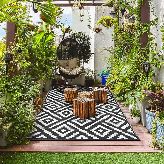GENIMO Outdoor Rugs 8x10 Waterproof, Reversible Mats, Area Plastic Straw Rug, Outside Carpet, Geometric Rv Mat for Patio Camping Picnic Backyard Deck Balcony Porch Beach Trailer (Black & White)