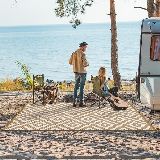 GENIMO Outdoor Rug for Patio Clearance, 6'x9' Waterproof Camping Mat, Reversible Plastic Straw Rugs for RV, Camper, Balcony, Backyard, Picnic, Deck (Brown & White)