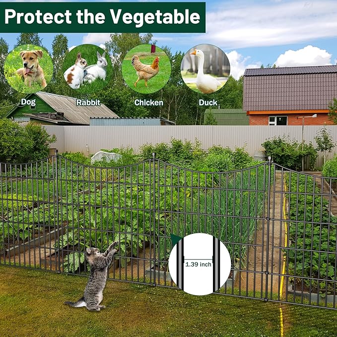 10 Panels Decorative Garden Fence with Gate, 48 in(H) X 26.25 ft(L) No Dig Dog Fence Animal Barrier Outdoor for Yard, Rustproof Metal Garden Edging and Borders, Temporary Fencing Stakes