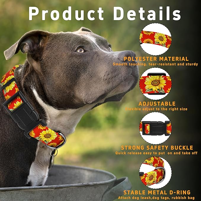 Dog Collar, Floral Boys Girls Puppy Collar for Small Medium Large Dogs, Adjustable Soft Pet Collar with Safety Buckle for Male Females (Red Sunflower, L)