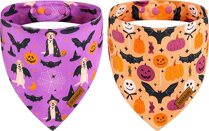Halloween Dog Bandanas - 2 Pack Purple Dog Bandana with Snap Button | Reversible Pet Scarf for Boy & Girl | Premium Durable Fabric | Holiday Bandana for Large and Extra Large Dogs (X-Large)