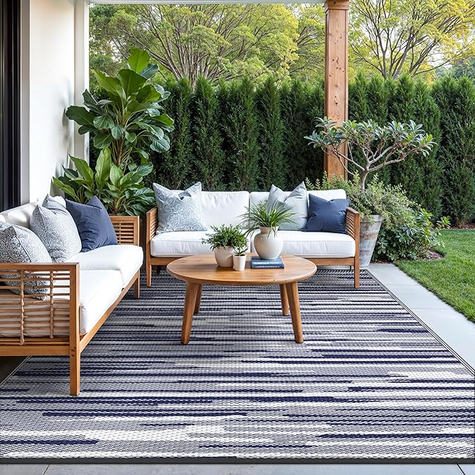 GENIMO Outdoor Rug for Patio Clearance, 6'x9' Waterproof Camping Mat, Reversible Plastic Straw Rugs for RV, Camper, Balcony, Backyard, Picnic, Deck (Blue White)