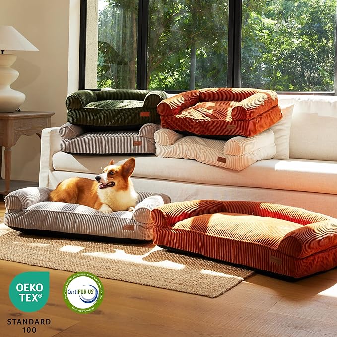 FUKUMARU Cute Dog Bed, Waterproof Corduroy Dogs Couch, 36in Orthopedic Pet Sofa for Medium to Large Dogs Dog, Warm Cotton Pet Bed with Washable Cover, Orange