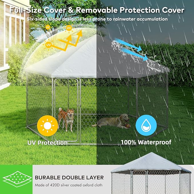 6.8x6.8 FT Outdoor Dog Kennel Outside Heavy Duty Dog Enclosure with Waterproof Cover and Security Lock, Galvanized Wire Mesh Hexagonal Large Dog Kennel(81x81x95.3IN)