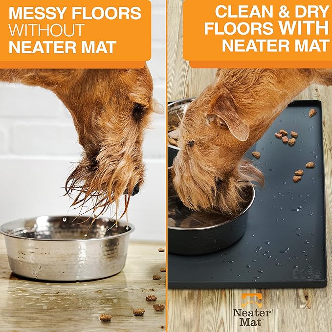 Neater Pet Brands Neater Mat Cat & Dog Food Mat, Waterproof & BPA-Free Silicone Placemat with Raised Edge for Under Food and Water Bowls, 16" x 10", Midnight Black