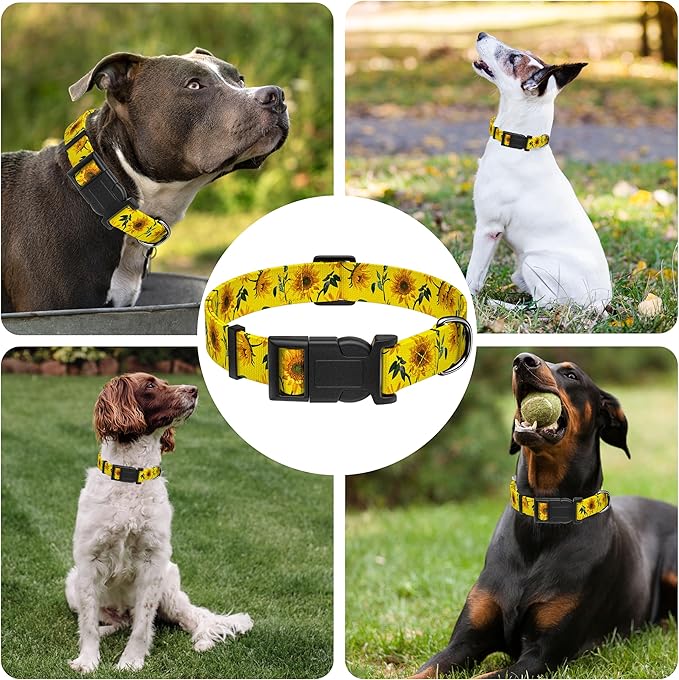 Dog Collar, Floral Puppy Collar for Small Medium Large Dogs, Adjustable Soft Pet Collar with Safety Buckle for Male Females(Yellow Sunflower,XL)