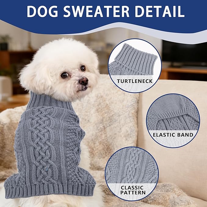 Dog Sweaters Small Dog Clothes Winter Turtleneck Puppy Sweater Warm Pet Cat Sweater Doggy Pullover Outfit with Twisted Design XS~XL(Grey, Large)