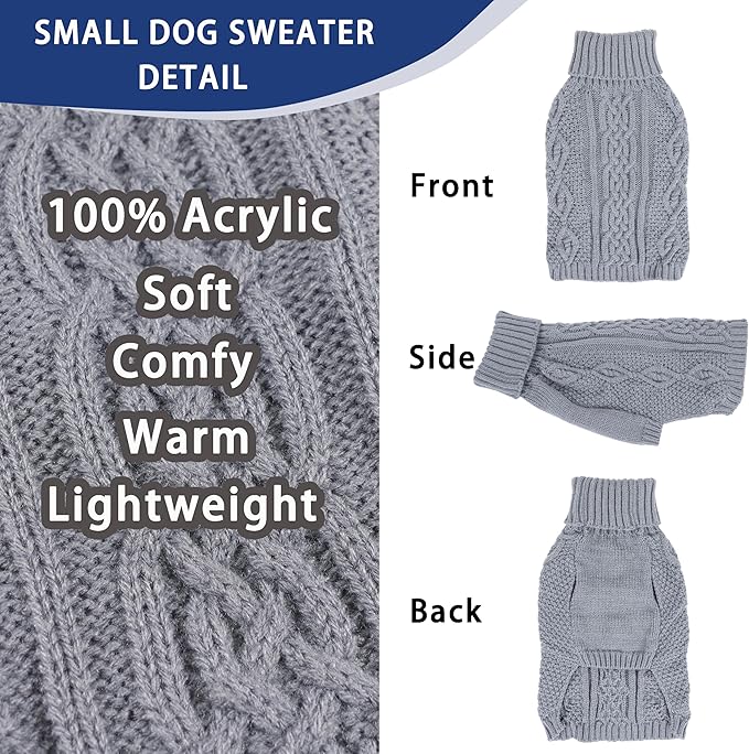 Dog Sweaters for Small Dogs Winter Dog Clothes Turtleneck Knit Puppy Sweater Warm Chihuahua Clothes Cat Sweater Frenchie Doggy Pullover Outfit with Twisted Design(Grey, Small)