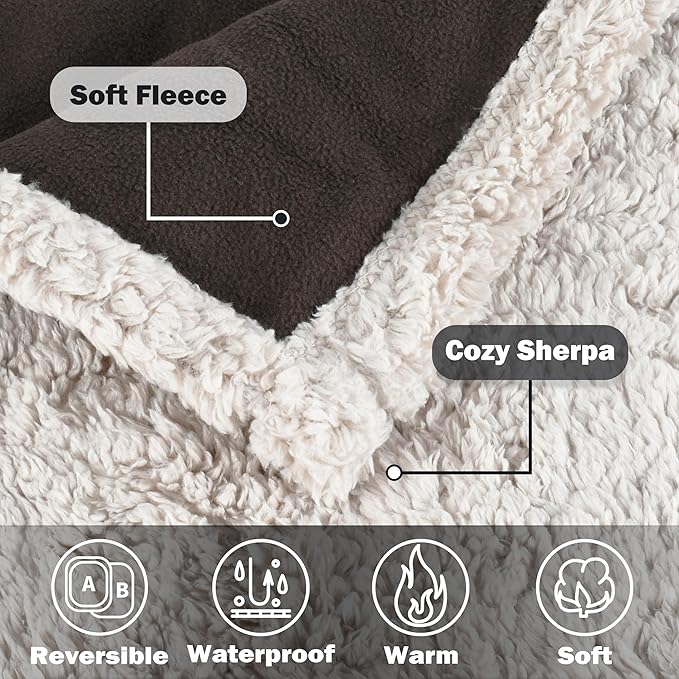 Kritter Planet Waterproof Pet Blanket for Bed, Reversible Sherpa Fleece Protector Couch Cover for Pets, Liquid Proof Furniture Protector for Medium Large Dogs