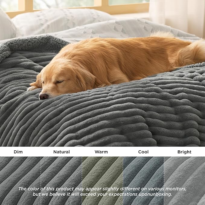 Bedsure ComfyFleece™ Waterproof Dog Blankets for Small Dogs - Soft Puppy Cat Blanket Corduroy Fleece Washable, Cozy Calming Reversible Furniture Protection for Pet Kitten Doggy,25"x35", Warm Grey