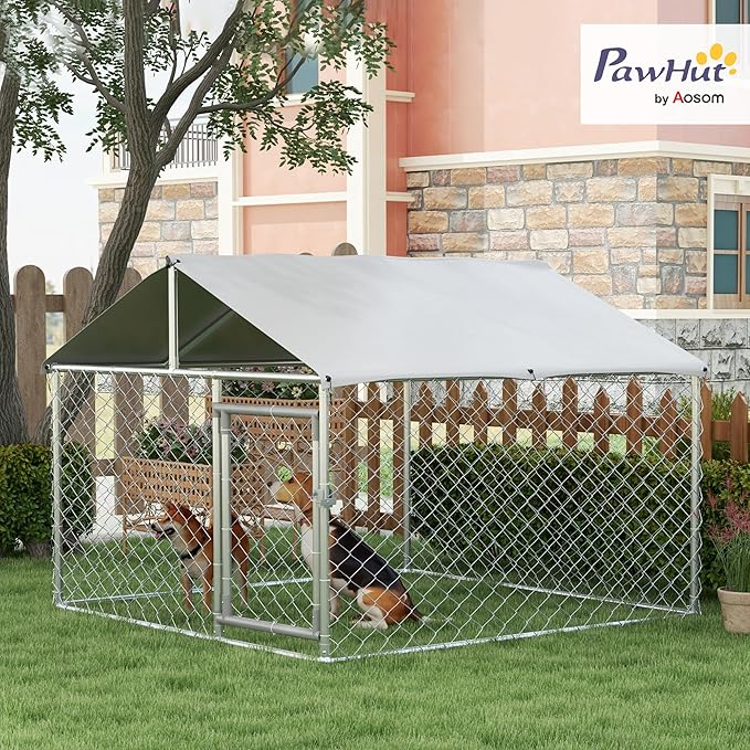 PawHut Outdoor Dog Kennel, Heavy Duty Dog Run Outdoor Fence with Waterproof Cover, Galvanized Chain Link, Secure Lock, for Large Breeds, Chickens, Ducks, 6.5' x 6.5' x 5'