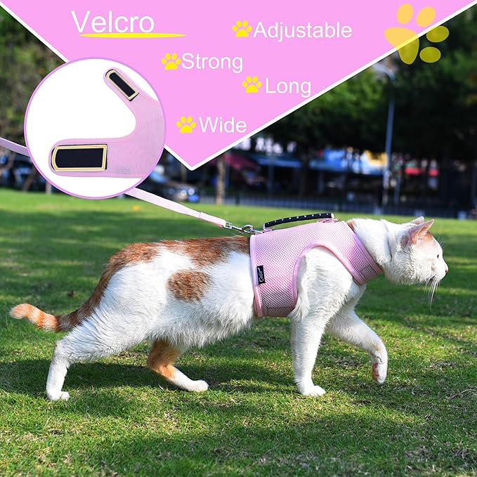 Cat Harness and Leash for Walking Escape Proof Breathable Mesh Fabric, Solid Pink, XX-Large, Adjustable Cat Walking Jackets with Handle, Padded Stylish Cat Vest