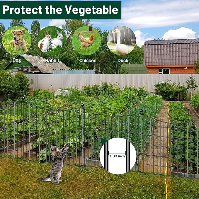 10 Panels Decorative Garden Fence with Gate, 32 in(H) X 23.6 ft(L) No Dig Dog Fence Animal Barrier Outdoor for Yard, Rustproof Metal Garden Edging and Borders, Temporary Fencing Stakes