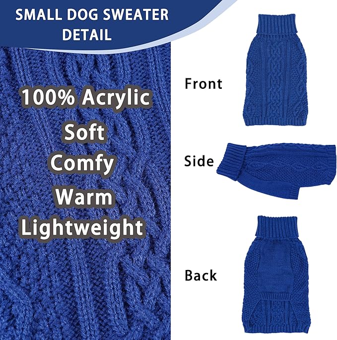 Dog Sweaters Small Dog Clothes Winter Turtleneck Puppy Sweater Warm Pet Cat Sweater Doggy Pullover Outfit with Twisted Design XS~XL(Navy Blue, Large)