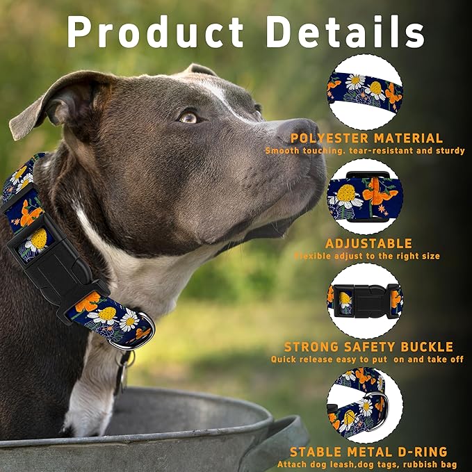 Dog Collar with Butterflies Print, Daisy Boys Girls Puppy Collar for Small Medium Large Dogs, Adjustable Soft Floral Pet Collar with Safety Buckle for Male Females(Blue Butterfly,XS)