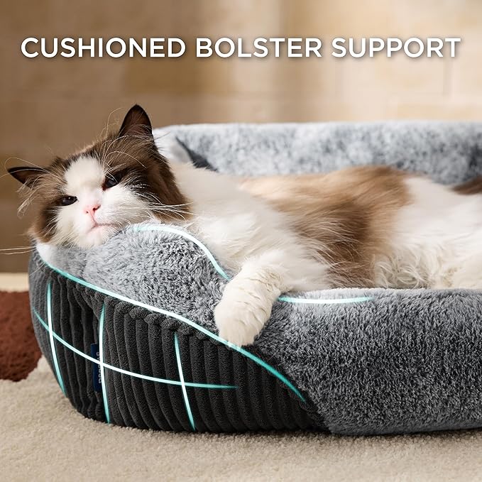 Bedsure Washable Dog Bed Small Dog＆Cat- Rectangle Fluffy Plush Kitten Puppy Bed, Comfy Corduroy Fleece and Nonskid Bottom,20x19x6inches,Suitable for Pet Up to 15lbs,Grey