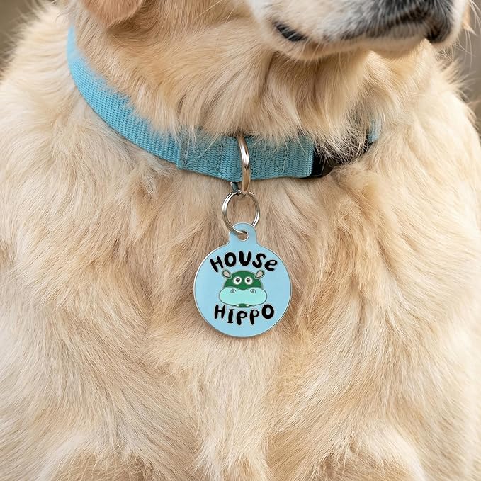 Bad Tags Personalized Dog and Cat ID Tags in 25+ Designs and 2 Sizes - 5 Lines of Custom Engraved Text - Funny Cute Personalized Pet Tags (House Hippo - Blue, Large (1.25 inch))