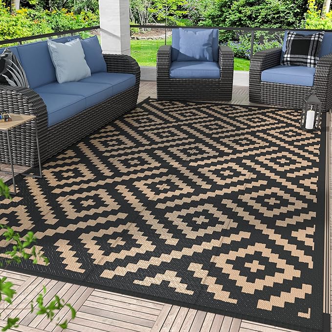 GENIMO Outdoor Rug 4x6 Waterproof, Reversible Mats, Outdoor Area Rug, Plastic Outside Carpet, Eeometric Rv Mat for Patio Camping Rv Picnic Backyard Deck Balcony Porch Beach Trailer (Black & Brown)
