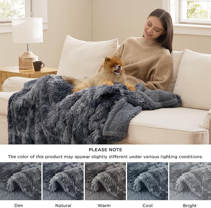 Bedsure Waterproof Dog Blankets for Large Dogs - Cat Blanket for Couch Protector Washable Long Faux Fur,Calming Soft Reversible Throw Furniture Protection for Puppy Pet, 50"x60", Tie-dye Grey