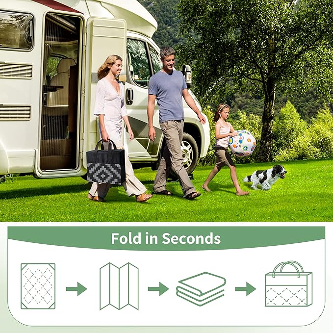 GENIMO Outdoor Rug with LED Strip Lights, 6'x9' Waterproof Camping Mat, Reversible Plastic Straw Rugs for Patio, RV, Camper, Balcony, Backyard, Picnic, Deck, Black & Gray