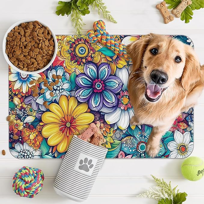 Floral Dog Food Mat for Floors,Cute Mandala Flower Absorbent Quick-Dry Pet Feeding Mat,Cat Dog Bowl Mats for Food and Water,Non-Slip Pet Accessories Supplies 16"x24"