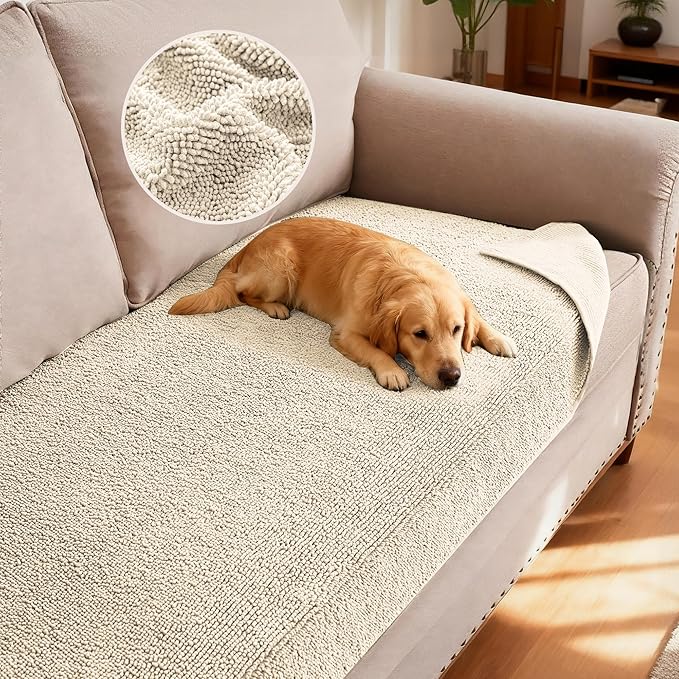H.VERSAILTEX Non Slip Pet Couch Cover Chenille Dog Bed Protector Thick Soft Sofa Slipcover Pet Friendly Washable Couch Cushion Covers for Pets (30" x 70", Ivory)