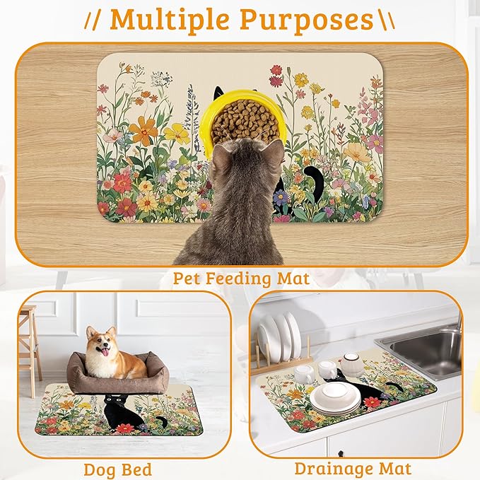 Dog Bowl Mat,Cat Black Pet Feeding Mat for Floors Waterproof,Color Flowers Absorbent Dogs Placemat for Food and Water Quick Dry Pet Cat Feeding Mats with Non Slip Bottom 16" x 24"