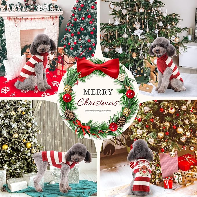 Dog Christmas Sweater Cute Striped Reindeer Xmas Pet Clothes Holiday Puppy Cat Costume New Year Gifts for Small Medium Large Dogs Jumpers (XS, Red White Stripe Reindeer)
